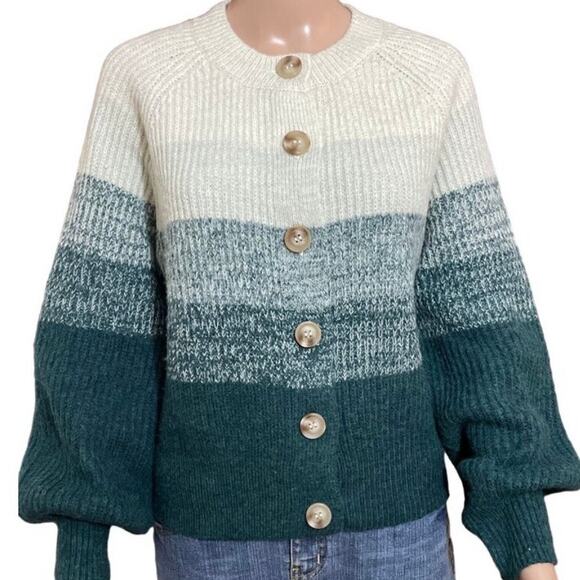 Vero‎ Moda Green Ombre Puff Sleeve Button Front Cardigan Sweater Stripe Medium - Picture 2 of 8